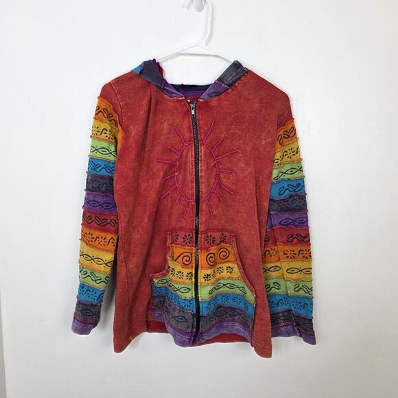 Greater Rainbow Colorful Embroidered Patchwork Hippie Jacket Size Medium - Picture 4 of 10